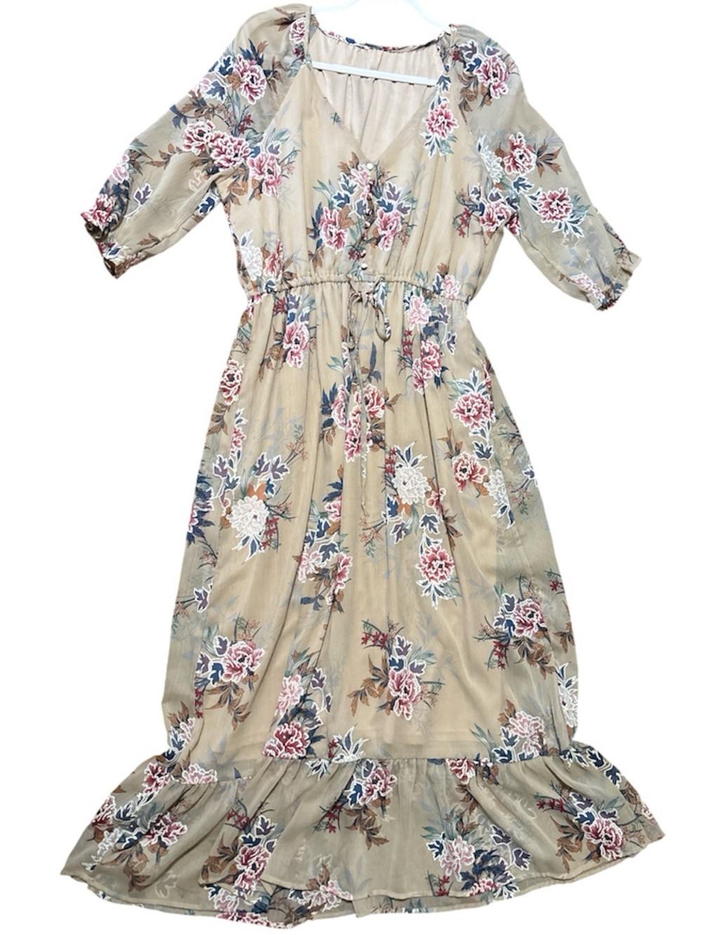 Just Found Floral Maxi Dress Sheer Chiffon Ruffle Hem Neutral Boho Pink Blue